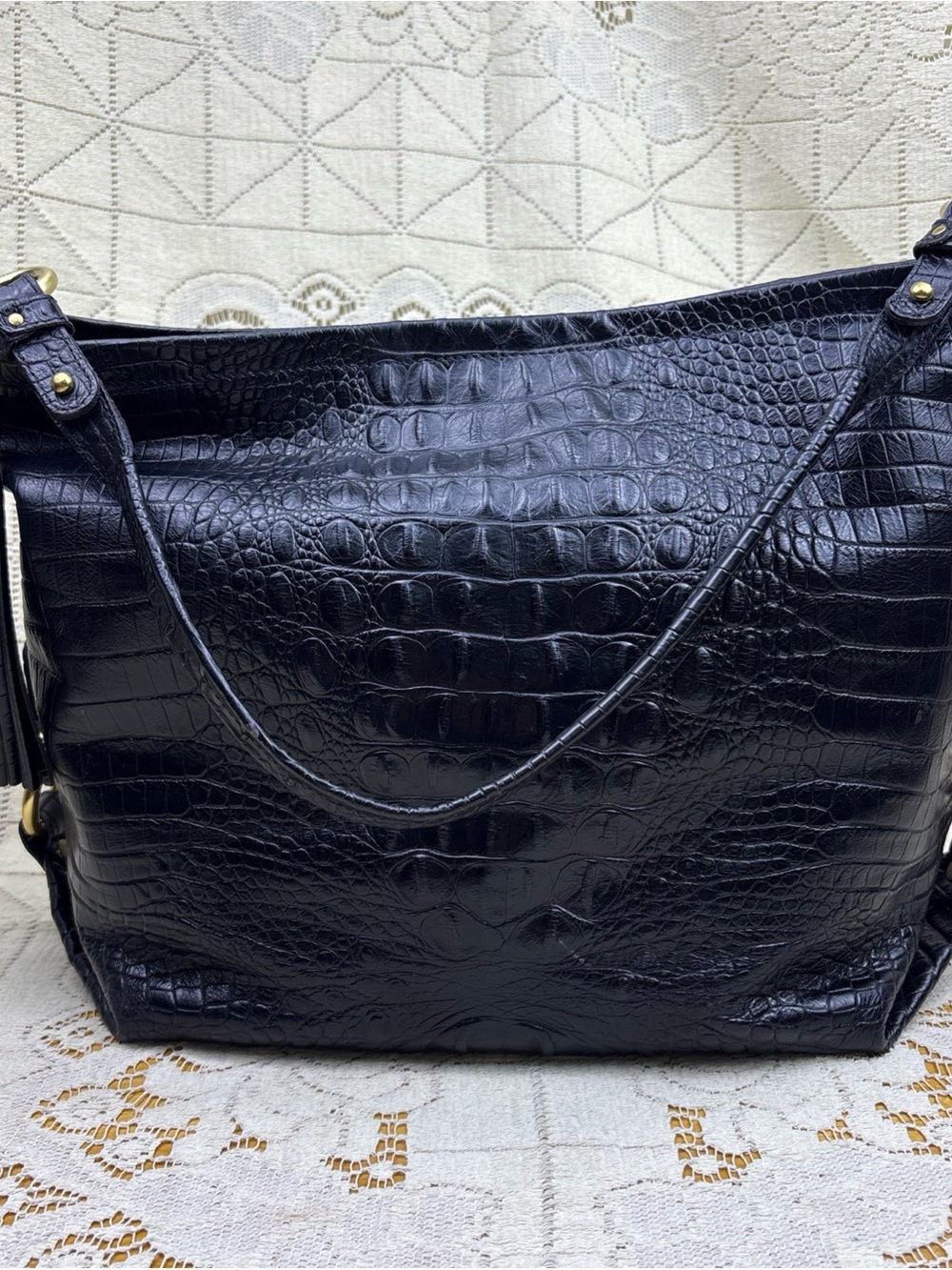 Brahmin Melbourne Croc Embossed Soft Leather Shoulder Bag Black